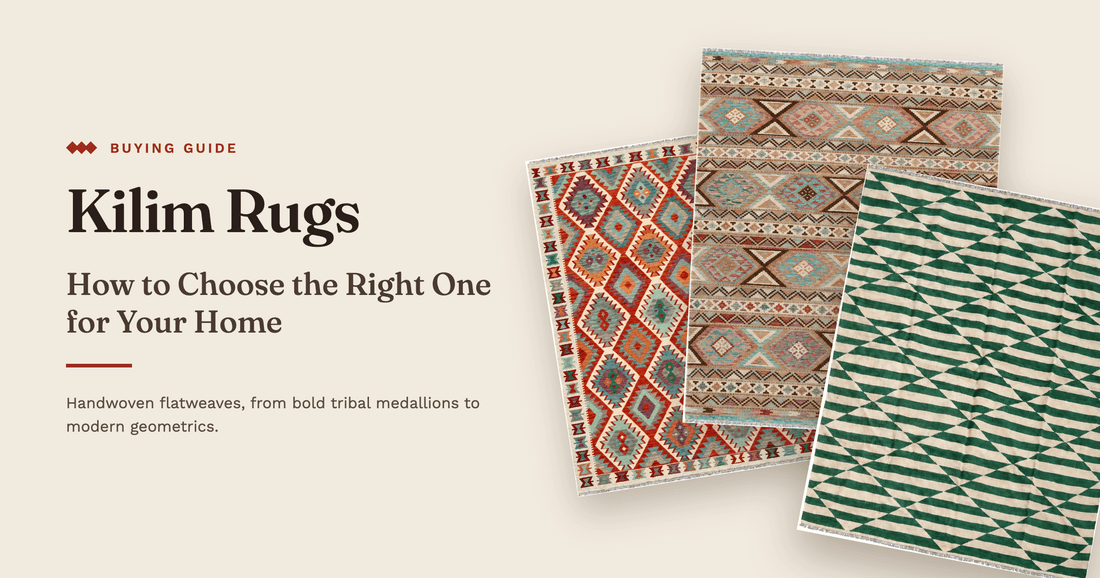 Three handmade kilim rugs laid out in a row, a red diamond-medallion design, an earth-tone banded design and a green and cream striped design, beside the title “Kilim Rugs: How to Choose the Right One for Your Home”