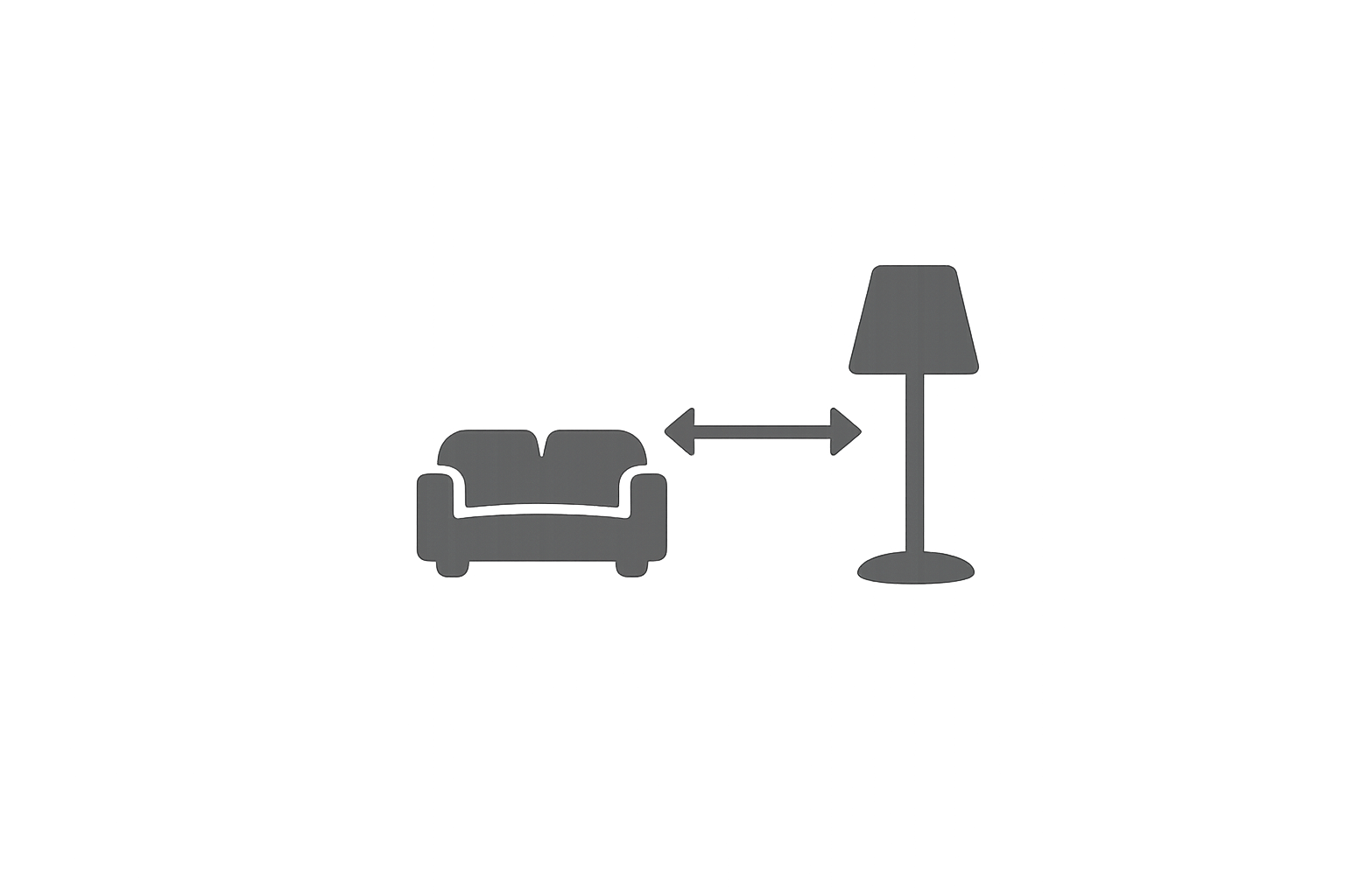 Icon of a couch and a lamp with an arrow pointing from the couch to the lamp on a transparent background, showcasing Tradexx's sizing and scale expertise.